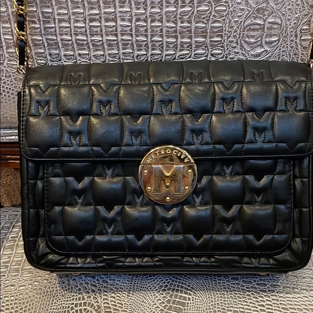 METRO CITY Quilted Leather Shoulder Bag in Black NWOT